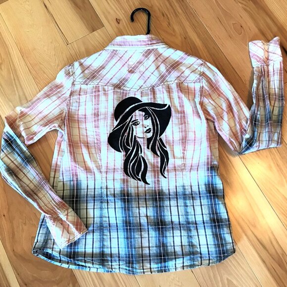 Bleached Shirt, Junior Size Medium: Upcycled Hand Painted Plaid Top - Picture 12 of 12